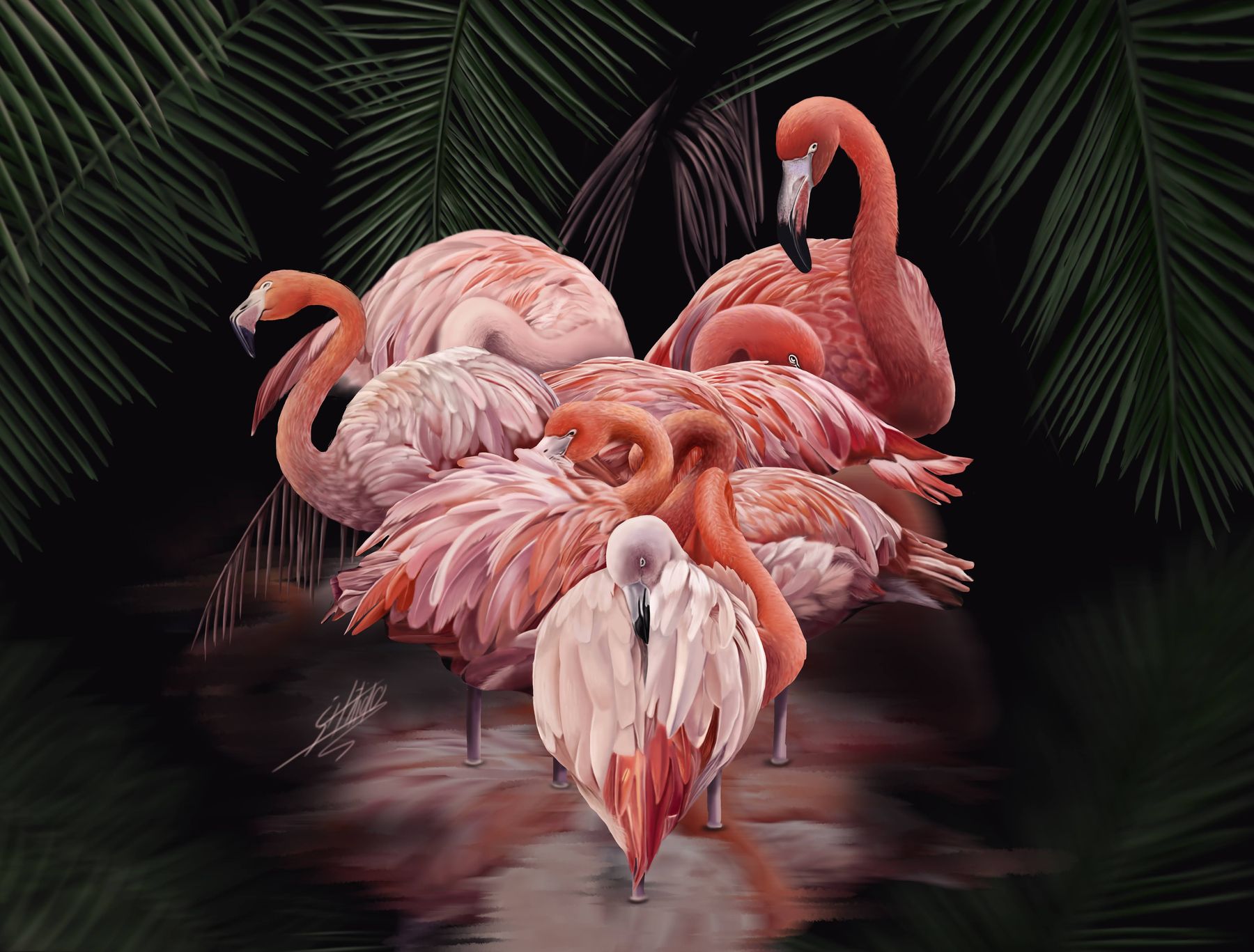 Digital illustration of a group of flamingos