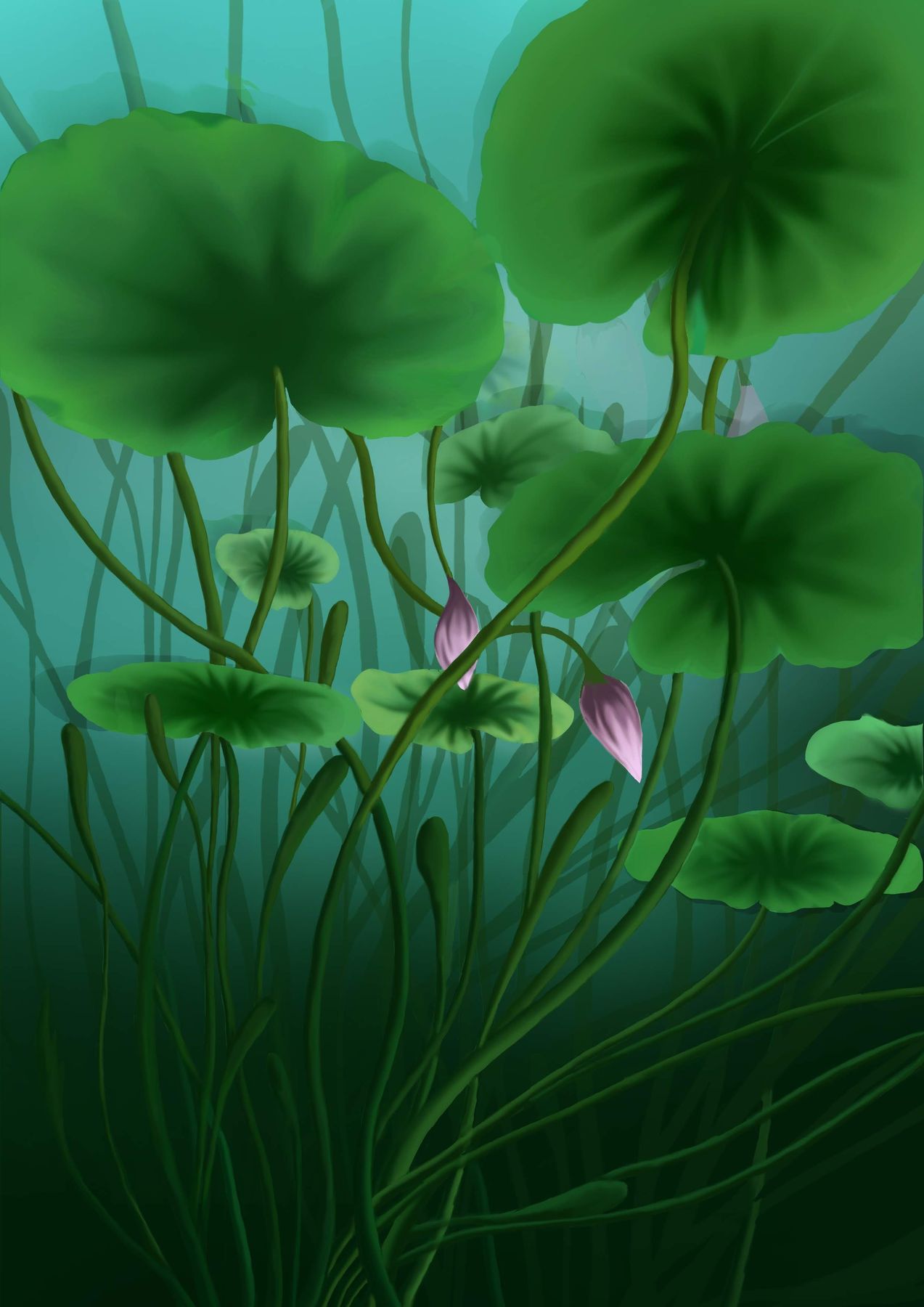 Digital lotus pond environment illustration