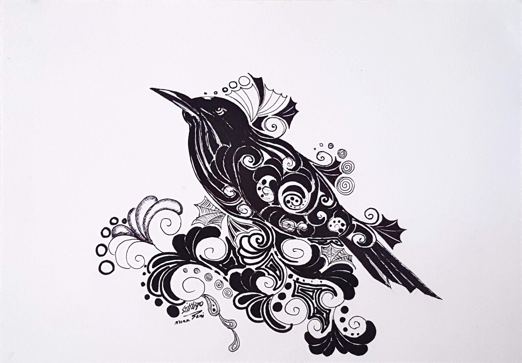 Ornamental black ink illustration of a stylized bird