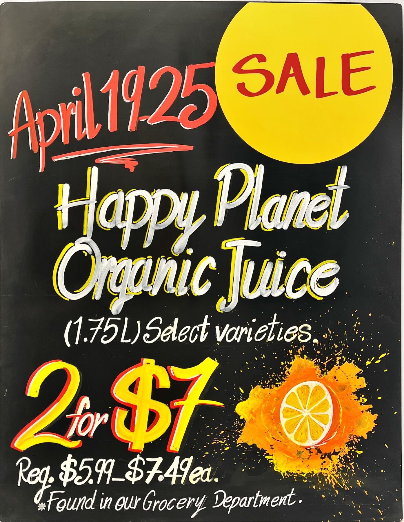 Organic juice sale chalkboard with citrus illustration