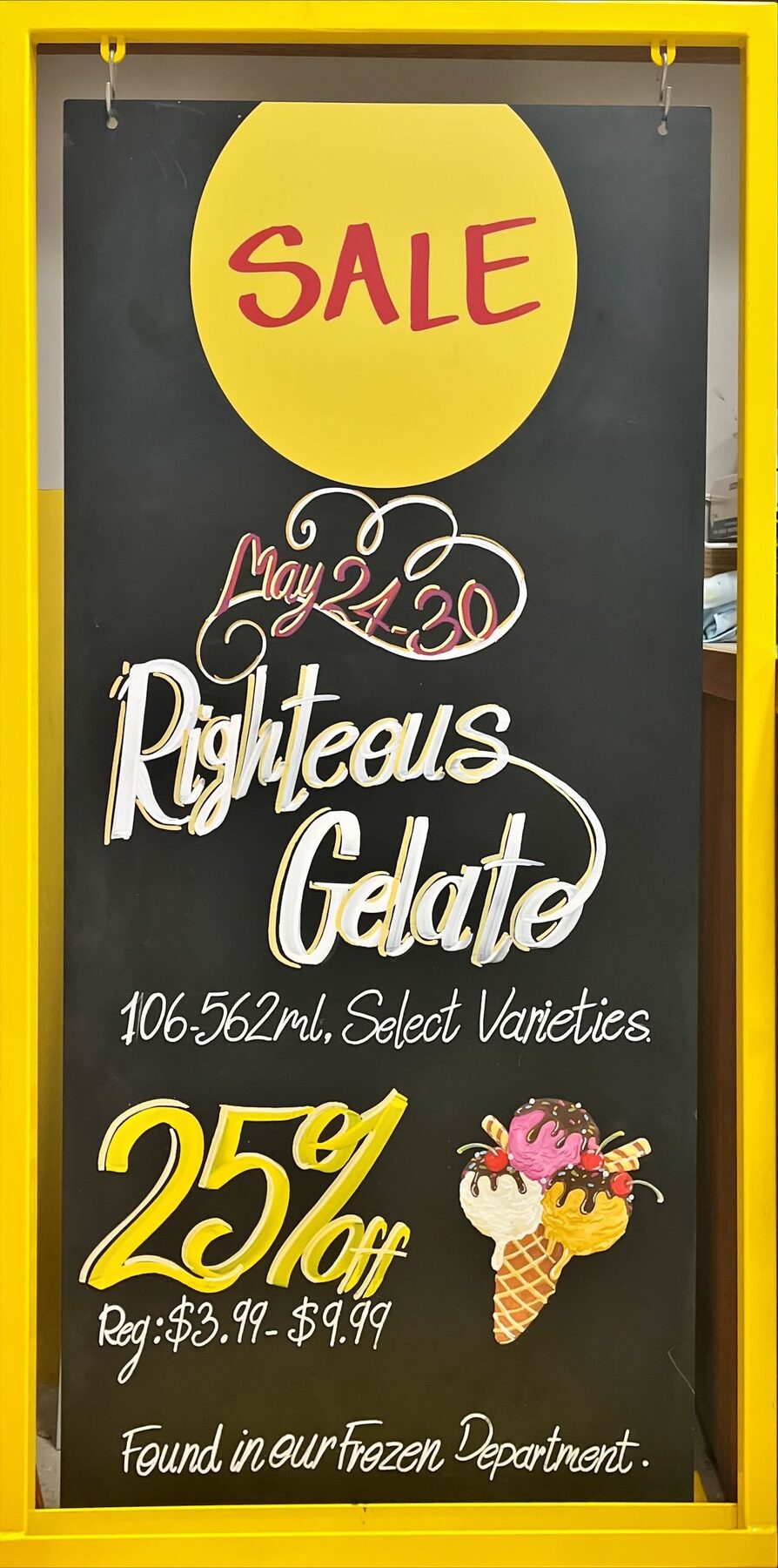 Gelato sale hand-lettered promotional chalkboard