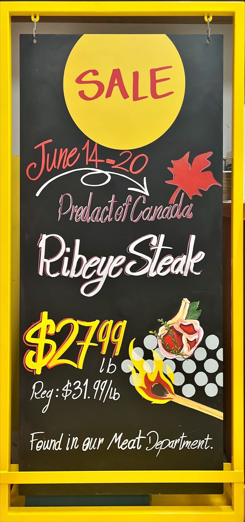 Ribeye steak hand-lettered promotional chalkboard