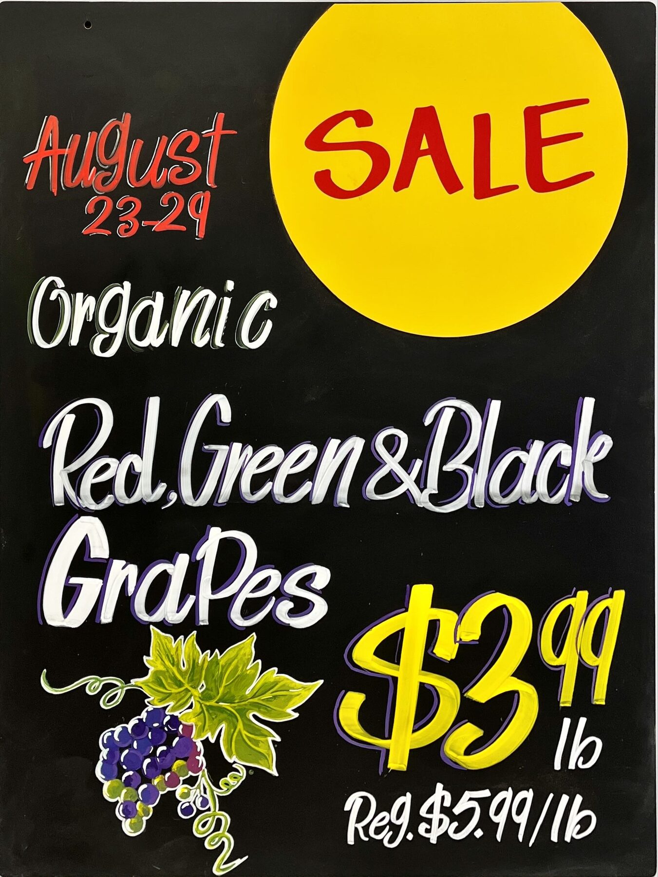 Organic grapes illustrated promotional chalkboard