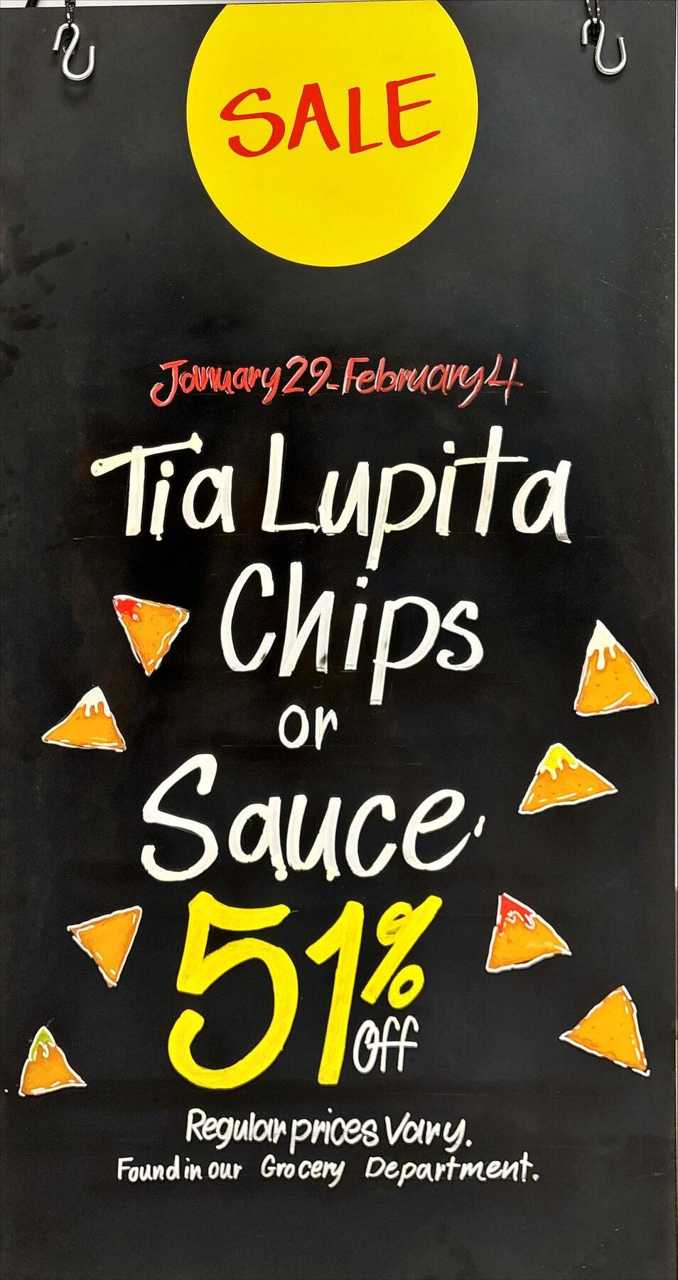 Tortilla chips and sauce promotional chalkboard
