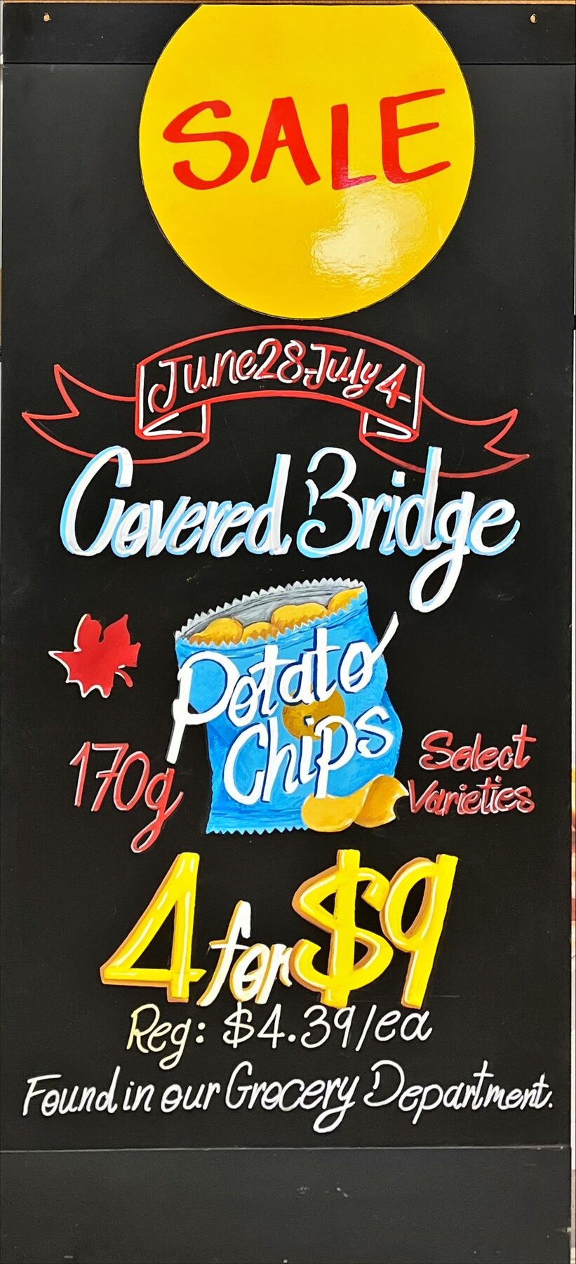 Covered Bridge chips hand-lettered sale board