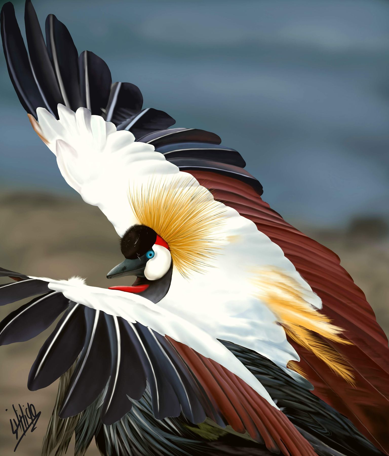 Digital illustration of a crowned crane in flight