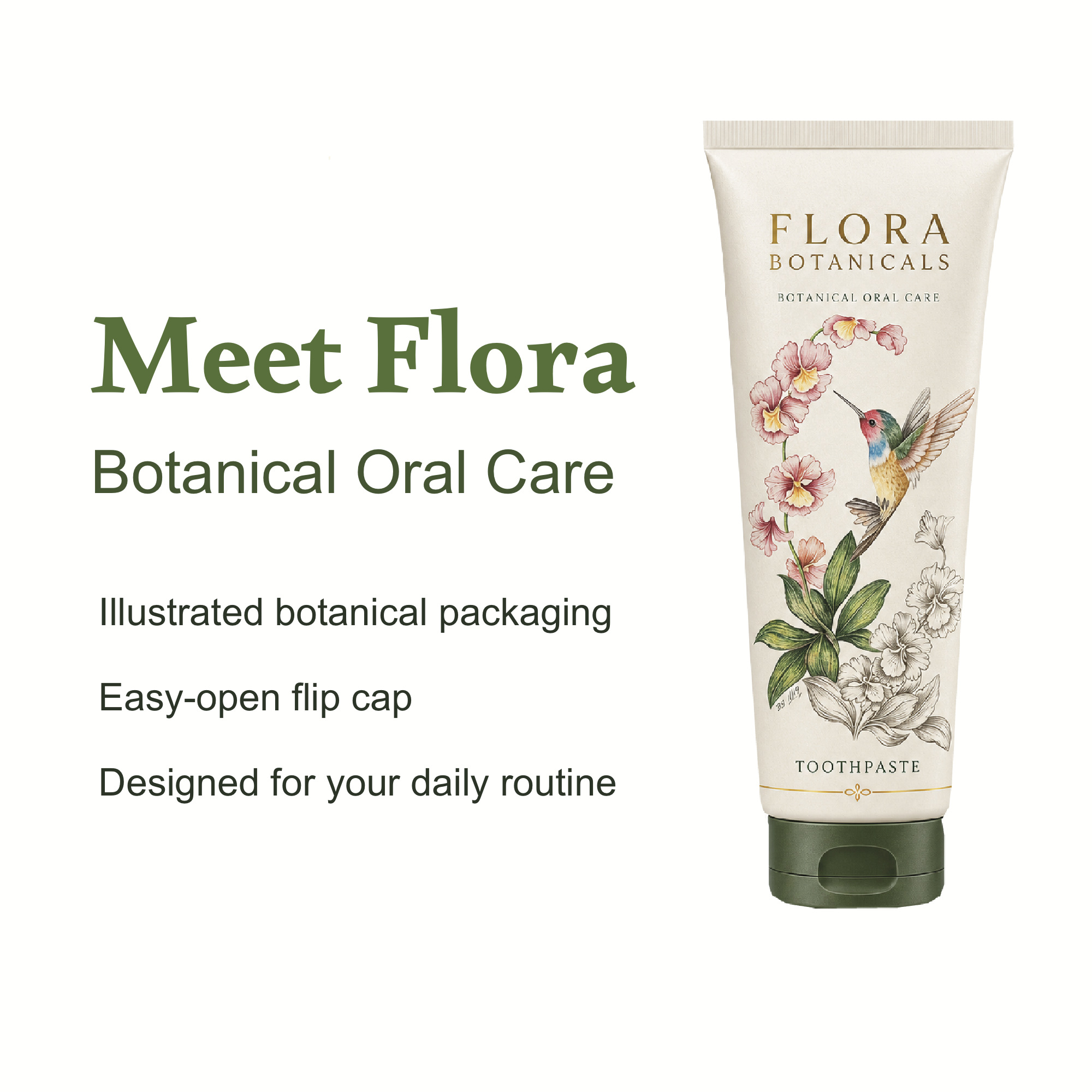 Meet Flora ecommerce product-detail graphic with botanical packaging features