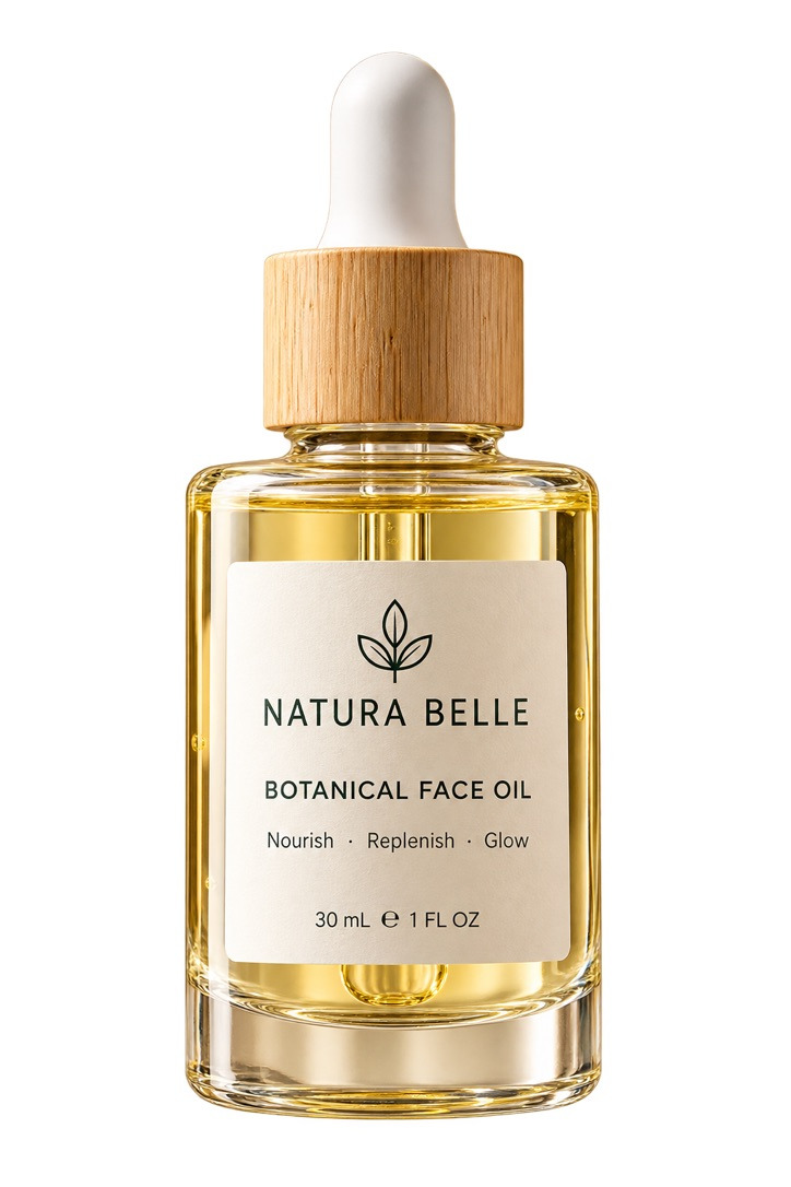 Natura Belle botanical face oil in a clear glass dropper bottle with a wooden cap