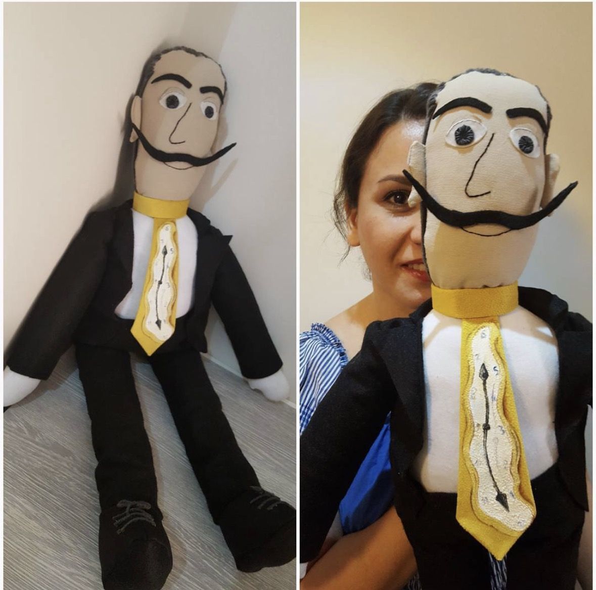 The finished Salvador Dalí figure held beside the maker's face